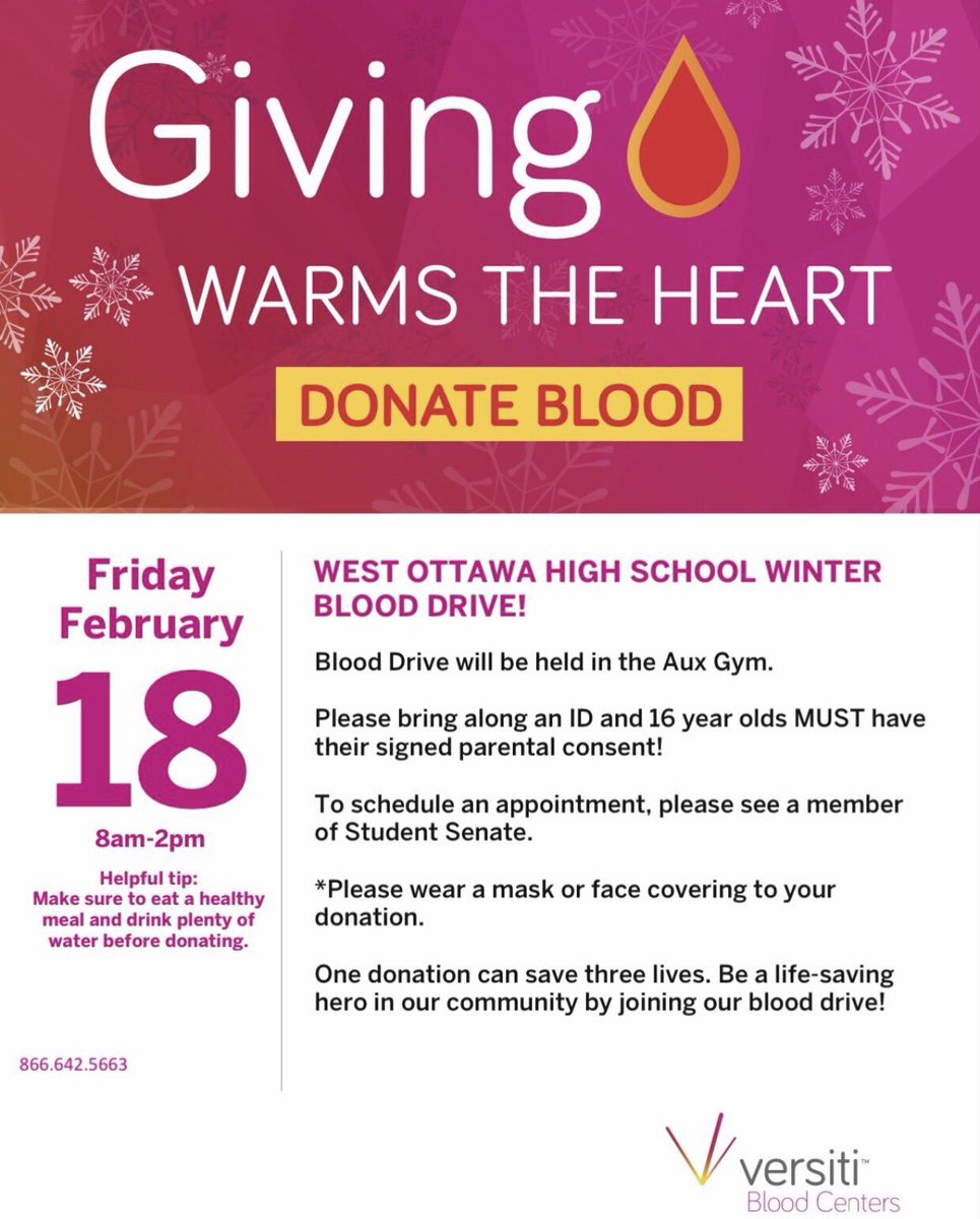 We are still looking for donors for the blood drive a week from today. Register by 5:00 today for a chance to win a Starbucks gift card while you help save lives. Click here to sign up for a time that works best for you: bit.ly/wohsfeb2022 <a href="/WOSenate/">WO Senate</a> <a href="/WestOttawaHS/">West Ottawa HS</a> #GoWO