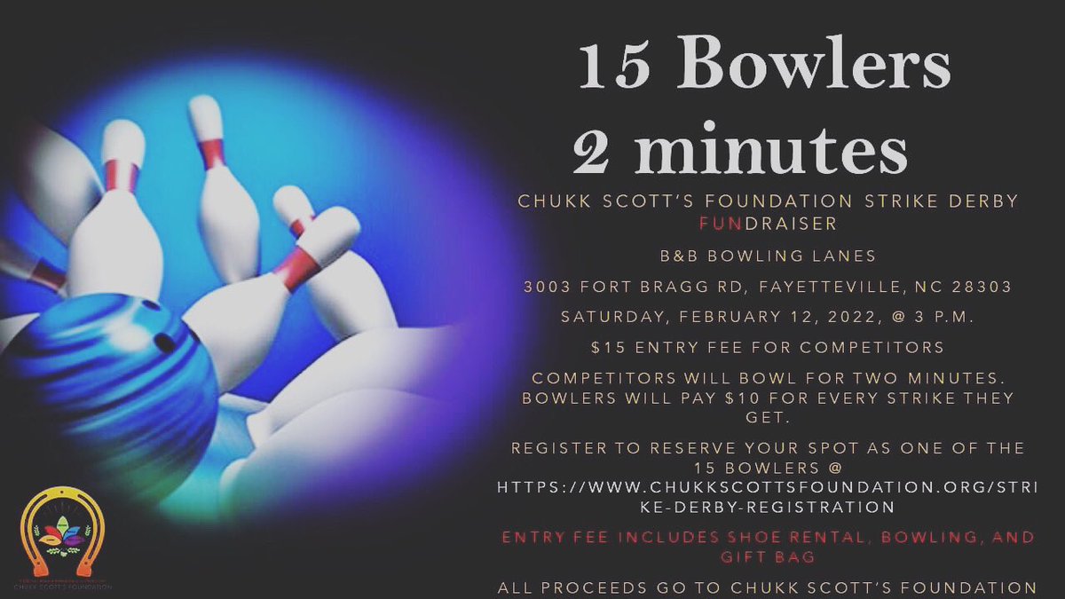 cscottsfoundati's tweet image. We are just a day away to see what bowler will have the bragging rights for a year. Yes, this will be annual. 
Registration ends at noon tomorrow, please visit chukkscottsfoundation.org/strike-derby-r…. If you feel you just want to donate, you can donate:
chukkscottsfoundation.org/donate 
#1Yes