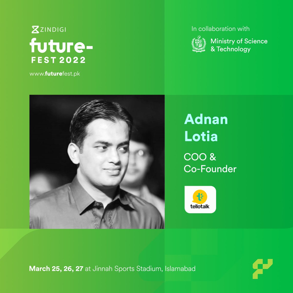 FutureFestPK's tweet photo. Meet our speakers: @adnanlotia, is the Co-founder and COO at @Tello_Talk, Pakistan's 1st homegrown messaging platform with P2P, P2B, B2P and B2B Communication.

Sign up at https://t.co/X1yfmTvHjr

#FutureFestPK #FromPakistanWithTech https://t.co/L6K8MJORk3