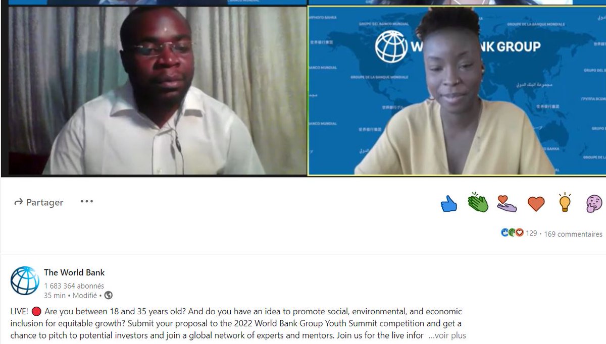 To our network of entrepreneurs: 
LIVE from World Bank!🔴 Are you between 18 and 35 years old? You have an idea to promote social, environmental, and economic inclusion for equitable growth? Submit your proposal to the 2022 World Bank Group Youth Summit bit.ly/3Bd4HOa
