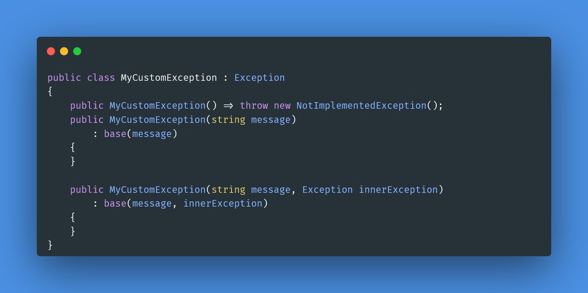 wdolek's tweet image. Because CA1032 says so 🤦♂️: docs.microsoft.com/en-us/dotnet/f…
Pro tip: treat exceptions similarly to domain objects. Ask yourself whether it does make sense to have *that* constructor there.
Pro tip 2: ... try to avoid exceptions as much possible 🤷♂️!
#devlife #shitcode