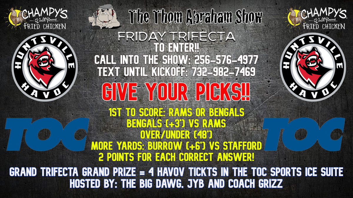 Super Bowl Trifecta <a href="/thomabrahamshow/">Thom Abraham</a> + <a href="/GwathneyChad/">Total Chad Sports Podcast</a> 
Call:256-576-4977
Text:732-982-7469

Pres by: <a href="/ChampysMadison/">ChampysOfMadison</a> + <a href="/TOCSports1/">TOC Sports</a> + <a href="/HuntsvilleHavoc/">Huntsville Havoc</a> 

@AllanBell247 - <a href="/SportsLine/">SportsLine</a> + <a href="/247Sports/">247Sports</a> 

Lee Sterling - <a href="/paramountsports/">Lee Sterling</a> 

📻977ESPN.com
👀Twitch.tv/977ESPN