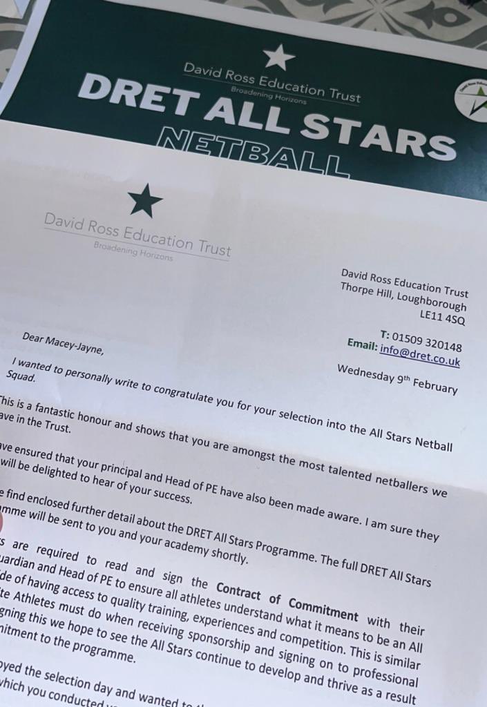 sjsmith1988's tweet photo. Fantastic news to end the term! Proud! A massive thank you to @SGS_PE and @DRETsport  for continuing to provide amazing opportunities and All Star programmes for students to follow their dreams and do what they love #NetballMum #ProudMum ⭐️ https://t.co/NEZAejACrf