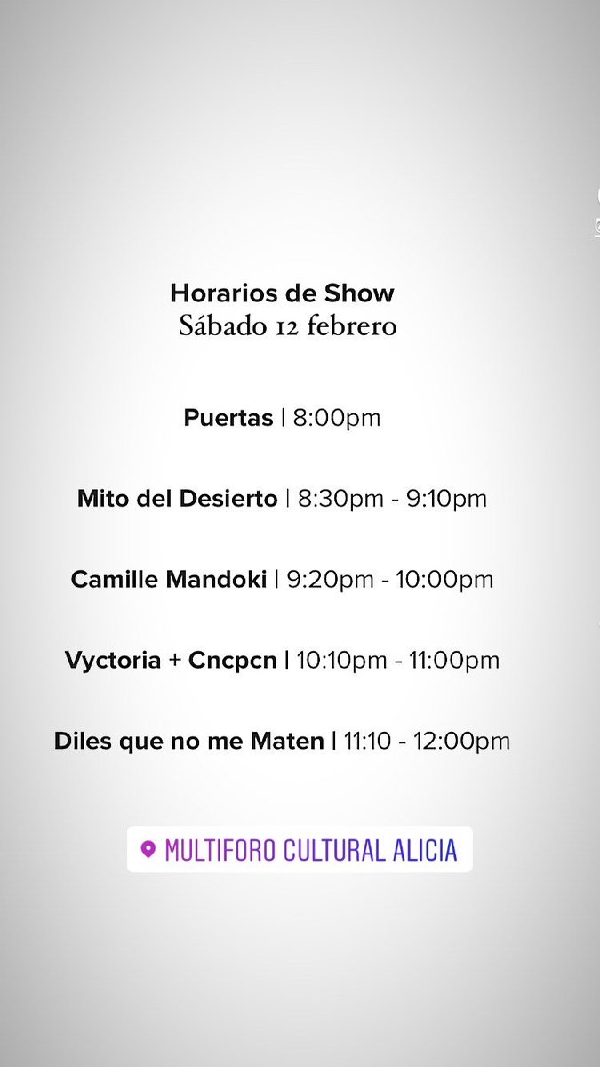 Los horarios para mañana en el <a href="/multiforoalicio/">Multiforo Alici@</a> se abren puertas a las 8pm y los boletos los puedes adquirir en taquilla.

Cubre bocas indispensable 🙏