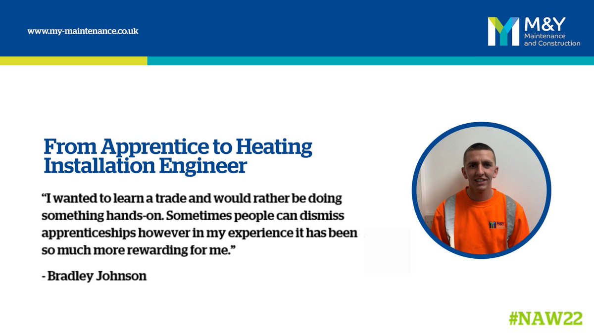 my_maintenance's tweet photo. We’re committed to giving every apprentice the best opportunity to learn and grow with us. Bradley began his journey at M&Y as an apprentice and was recently promoted to Heating Installation Engineer! Find out why he chose an #apprenticehip https://t.co/wBY7T9KExu #NAW22 https://t.co/QuZhqBvCpr