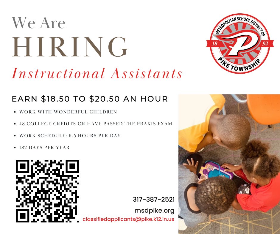 Join our team!
Hiring instructional assistants $18.50-$20.50 per hour.