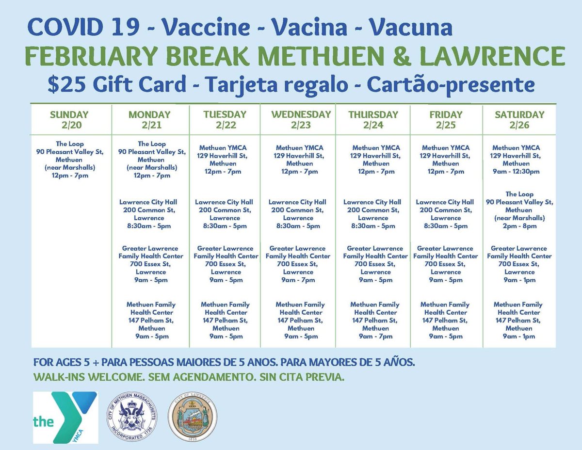 #Methuen School Vacation Week is just around the corner! Check out the calendar below for numerous opportunities to get your FREE Vaccination. Four different locations and a variety of times available.