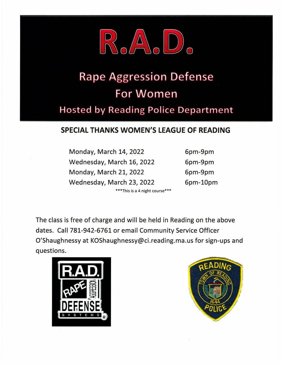 Reading Police (@readingpolice) on Twitter photo We have another class scheduled! See photo for dates and times, contact Officer Kristen O'Shaughnessy for questions and/or sign ups at koshaughnessy@ci.reading.ma.us or 781-942-6761. We have another class scheduled! See photo for dates and times, contact Officer Kristen O'Shaughnessy for questions and/or sign ups at koshaughnessy@ci.reading.ma.us or 781-942-6761.