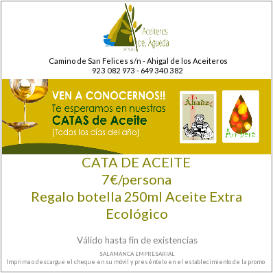 SaEmpresarial's tweet photo. Ven a nuestras #catasdeaceite, 7 euros / persona y te regalamos una botella 250ml de aceite  extra ecológico.
Cheque promocional de la empresa Arribera Aceites  en https://t.co/Z1pAKeWvbV
¡Descarga el cheque y ahorra!
#promocionessalamanca #compraensalamanca #comerciodesalamanca https://t.co/CjE1sQUYpz