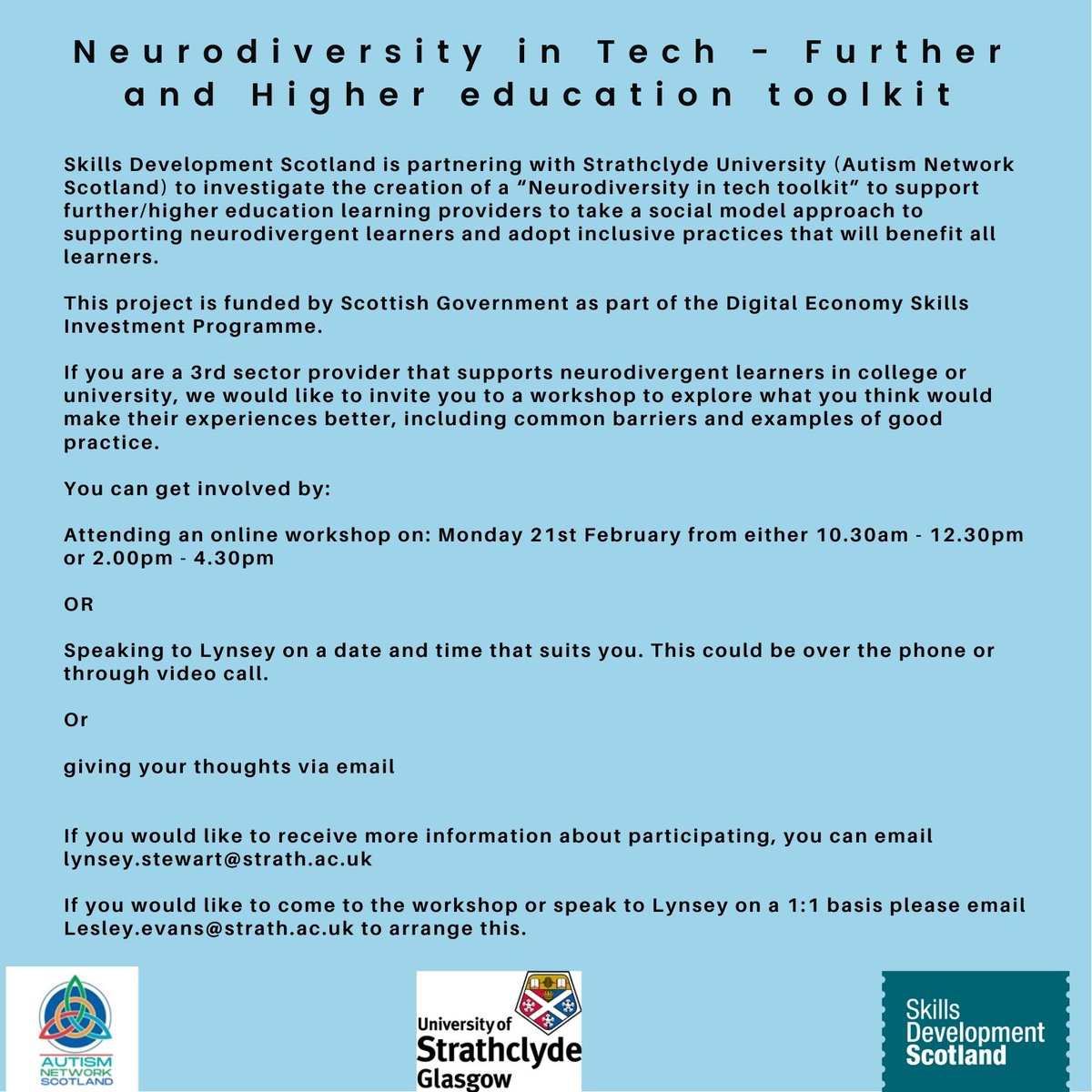The Autism Network (@autism_network) on Twitter photo Exciting opportunity for 3rd sector providers supporting neurodivergent learners in college or university.
<a href="/skillsdevscot/">Skills Development Scotland</a> is exploring the scope to develop a toolkit to support neurodivergent learners in tech courses. We would love you to get involved - please see attached. Exciting opportunity for 3rd sector providers supporting neurodivergent learners in college or university.
<a href="/skillsdevscot/">Skills Development Scotland</a> is exploring the scope to develop a toolkit to support neurodivergent learners in tech courses. We would love you to get involved - please see attached.