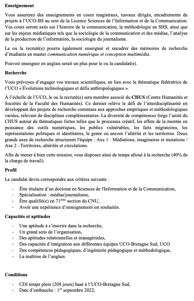 JuliePasquer's tweet photo. Recrutement rentrée 2022 : 1 enseignant.en chercheur.e en Sc. de l'information et de la communication (profil : médias/journalisme) en CDI à  @UnivCathoOuest sur le campus de Vannes. N'hésitez pas à nous contacter pour tout renseignement 🙂 https://t.co/FRwwXrH1iE