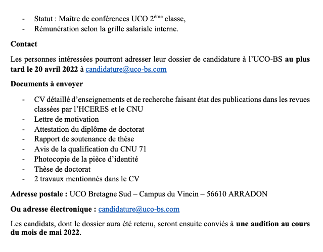 Recrutement rentrée 2022 : 1 enseignant.en chercheur.e en Sc. de l'information et de la communication (profil : médias/journalisme) en CDI à  <a href="/UnivCathoOuest/">UCO</a> sur le campus de Vannes. N'hésitez pas à nous contacter pour tout renseignement 🙂