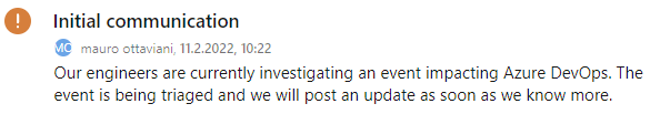 quick feedback on service degradation handling <a href="/AzureDevOps/">DevOps on Azure</a> : there seems to be about one per week, which is not too reassuring, while the message itself gives me no idea what kind of limitations to expect... I'm convinced you can do better here. I like your service!