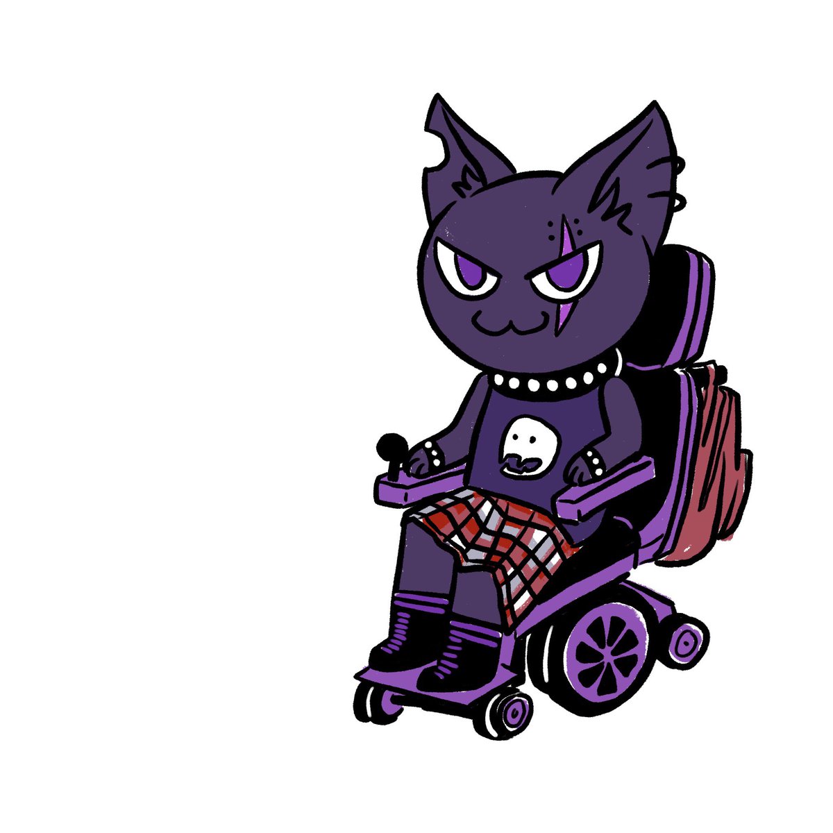 A little anthro goth cat with a big purple powerchair.