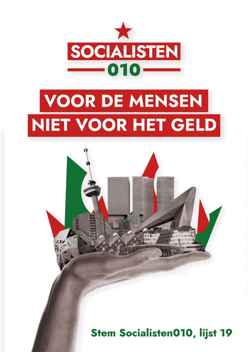 Onze verkiezingsposter is er! En ja, we zijn er zelf ook wel een beetje trots op. 16 maart, Socialisten010, Lijst 19. Voor de mensen, niet voor het geld.