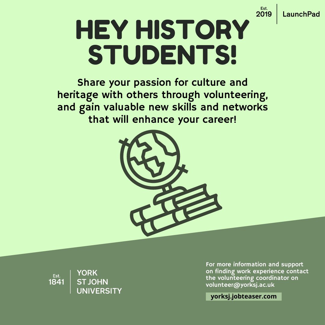 Volunteering is a fantastic way to gain additional experience alongside your history degree!

Check out the range of volunteering opportunities we have available on LaunchPad Online 👇

yorksj.jobteaser.com/en/job-offers?…

#StudentVolunteeringWeek