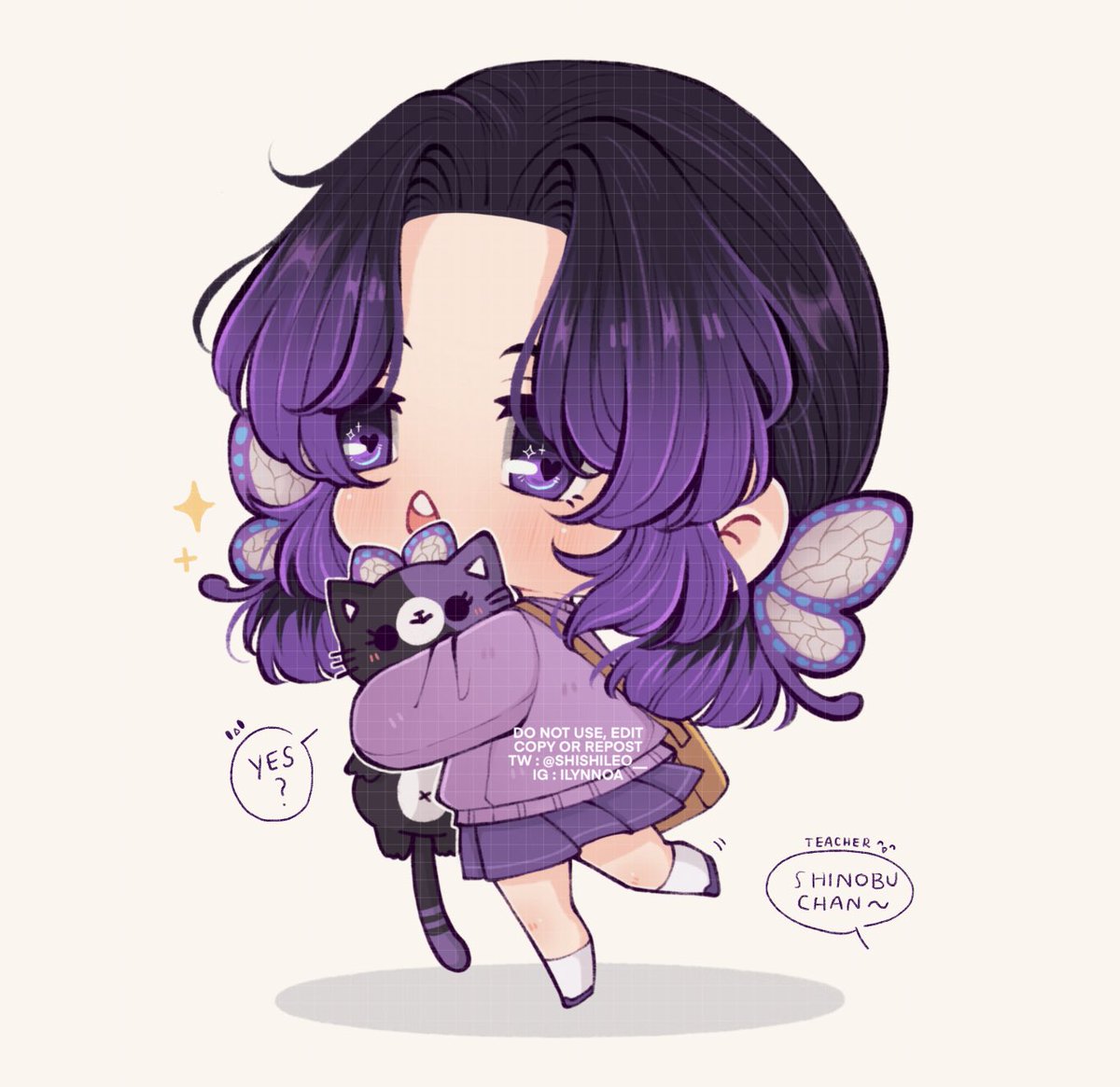kochou shinobu 1girl chibi purple hair skirt cat butterfly hair ornament purple eyes  illustration images