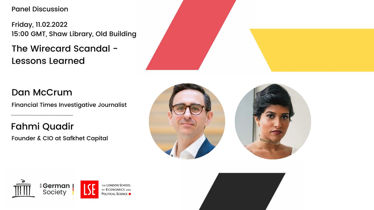 LSE_GermanSoc's tweet photo. Our final event of the #GermanSymposium discusses "The Wirecard Scandal - Lessons Learnt". Thank you to Dan McCrum from the @FT and Fahmi Quadir, Founder &amp; CIO at @SafkhetCapital, for taking the time to talk about this thrilling topic. https://t.co/lrIBHymDS8 https://t.co/4QgZQRIPfB
