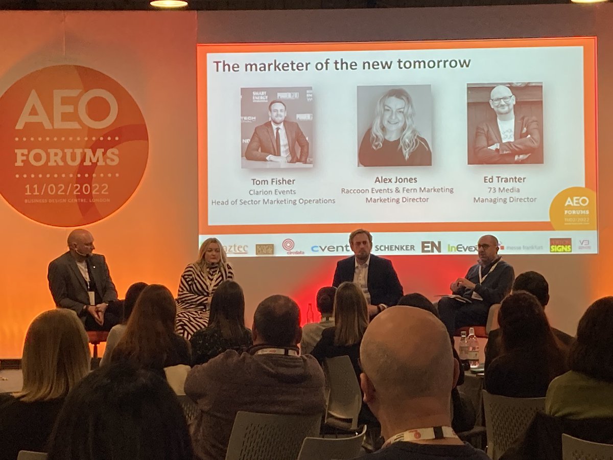 ExhibitionNews's tweet photo. Interesting discussion on how the role of marketeers has changed, and how a show’s narrative must also adapt. Chaired by @Media_10’s Rob Nathan, we hear from @EdTranter (@73media), Alex Jones (@raccoonevents) and Tom Fisher @releasethetrout (@Clarion_Events) #AEOForums https://t.co/QBrISAkSAW