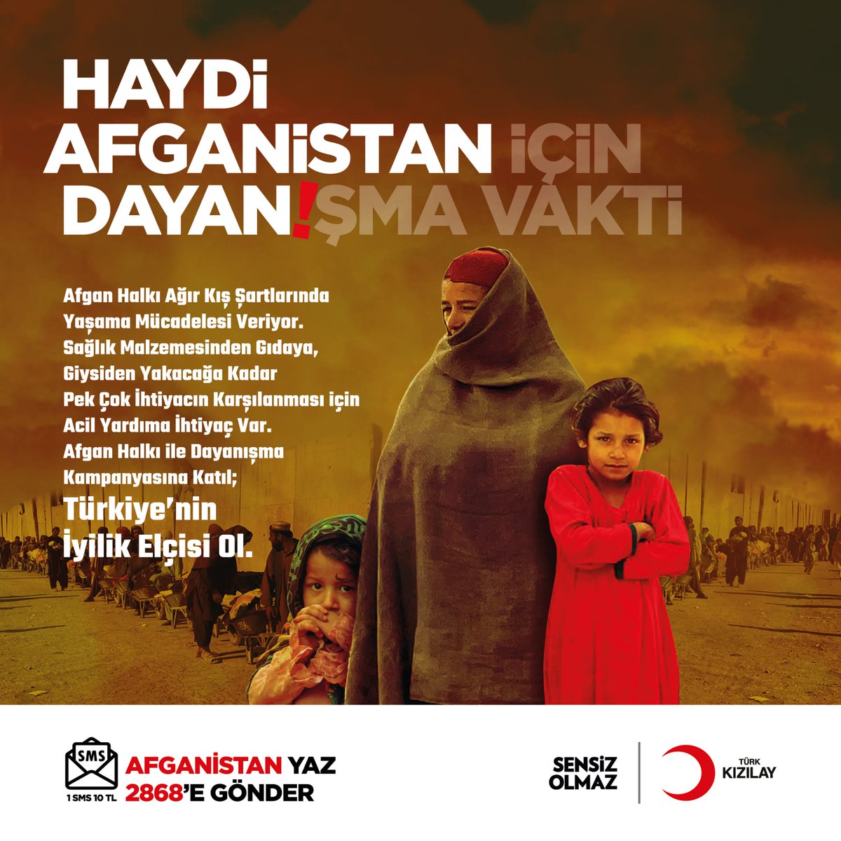 Afganistan için dayanışma vakti!

Afgan halkının yaralarını sarmak için;
◉ Gıda malzemeleri
◉ Sağlık malzemeleri
◉ Barınma malzemeleri
◉ Eğitim materyalleri
◉ Giyim malzemeleri gönderiyoruz. #DayanışmaYılı

🌐 Destek olmak için: kizilay.org.tr/Bagis/BagisYap…
AFGANİSTAN📱2868📲SMS