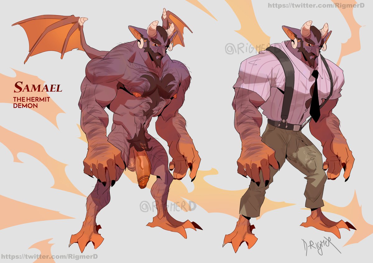Kinda wanted to do a lineup of Samael, i think i can elaborate him further... (also he needs another character to pair with Asap!)

is his human disguise convincing enough? He's powerful in magic arts so he can come up with a better idea...

#nsfw #oc #demon #gay #bara #drigmerOC
