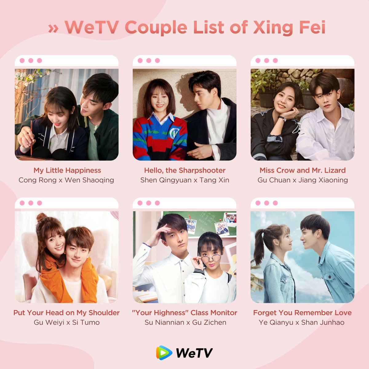 WeTVOfficial's tweet photo. Which couple of #XingFei do you ship? She is adorable when have height difference with male leads🥰

#HellotheSharpshooter
#PutYourHeadonMyShoulder
#YourHighnessClassMonitor
#ForgetYouRememberLove
#MyLittleHappiness
#MissCrowandMrLizard
#邢菲 #WeTV #WeTVAlwaysMore https://t.co/lcD0rHy8AU