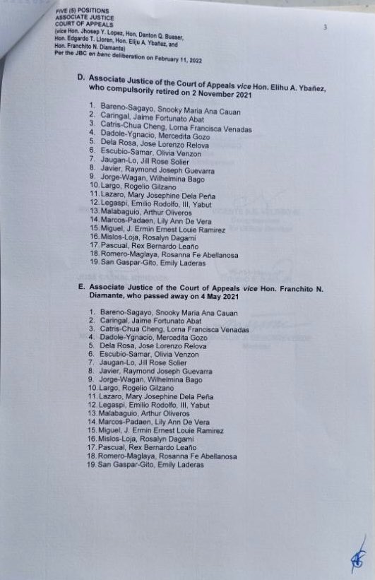 SCPh_PIO's tweet photo. JBC ADVISORY: Malacañang receives the JBC shortlist of nominees for five positions of Court of Appeals Associate Justice https://t.co/liBIMqzx0N