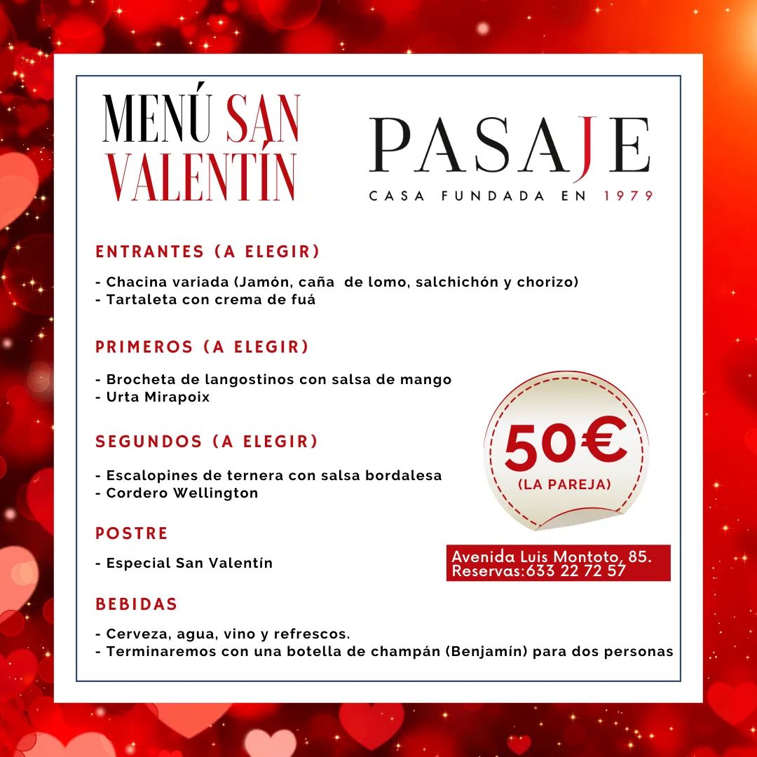 Pasaje_Bar's tweet photo. Este #SanValentín 💘 vive una experiencia gastronómica exquisita en #𝐁𝐚𝐫𝐏𝐚𝐬𝐚𝐣𝐞. Echa un vistazo al menú especial que tenemos preparado y disfruta con nosotros este fin de semana. 😍

Reservas 📞 633 22 72 57.
📌 Av. Luis Montoto, 85.

#TDSGastro https://t.co/Yx7S0k5Bvl