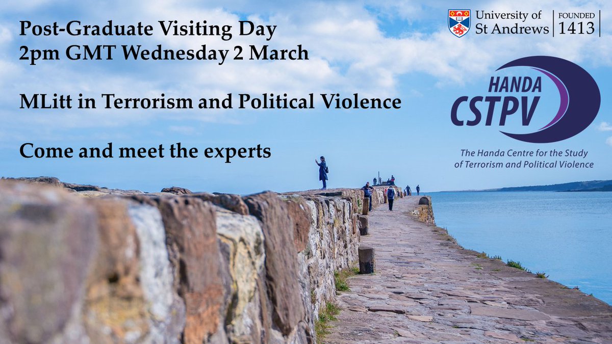 CSTPV's tweet photo. Applications for our #MLitt in #Terrorism and Political Violence are now open.

Part-time, distance-learning and full-time, residential options available.

If you want to find out more come and meet lecturers online at 2pm GMT on 2 March.

Register here:
https://t.co/WeLzzbW6Np https://t.co/A8U1kvamJ7
