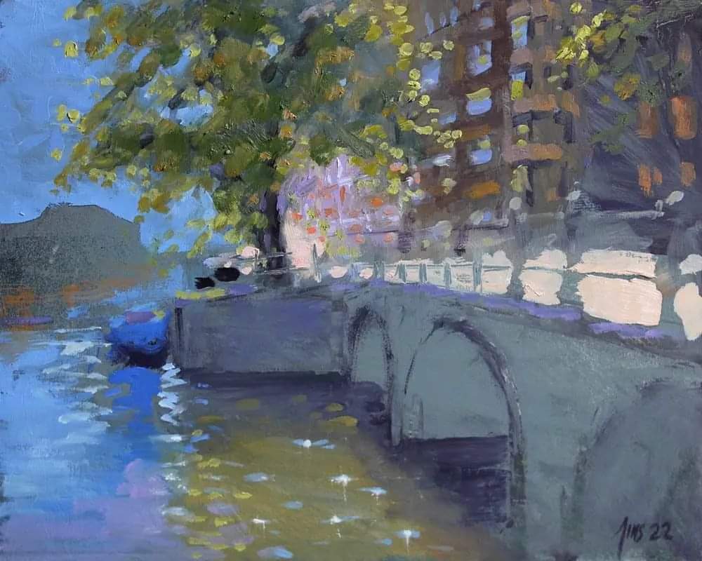 JannesKoetsier's tweet photo. Op deze onstuimige,  herfstige winterdag,  verlang ik naar de lente. Amstel, Amsterdam,  24x30cm olieverf op paneel #kunst #art #painting #Amsterdam https://t.co/pLmfmYqnxW
