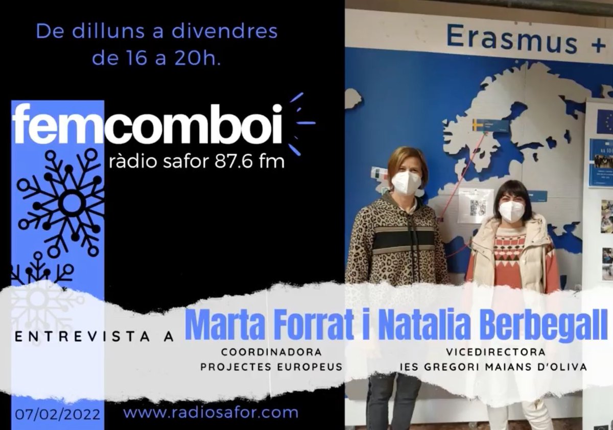 GregoriMaians's tweet photo. Compartim l'impacte dels projectes Eramus+ al nostre centre amb Ràdio Safor 87.6fm.
https://t.co/88YgAARR9A
#femcomboi #iesgregorimaians @sepie_gob #erasmusplus #erasmusplusES #mierasmusplus @gvaeducacio https://t.co/wtS4R2wfRm
