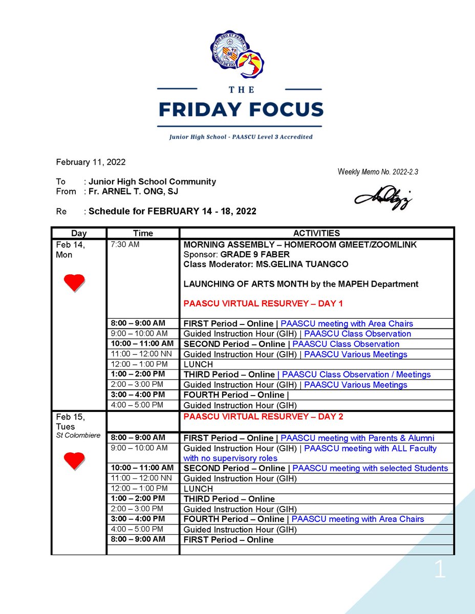 adzujhsbep's tweet photo. HEADS UP!: AdZU-JHS, here is the FRIDAY FOCUS and Schedule of Activities from Fr. Arnel T. Ong. This serves as a reminder for events and activities that will occur this February 14-18, 2022. Retweets are highly encouraged so as to get the message around! https://t.co/4rQwQeTm1v