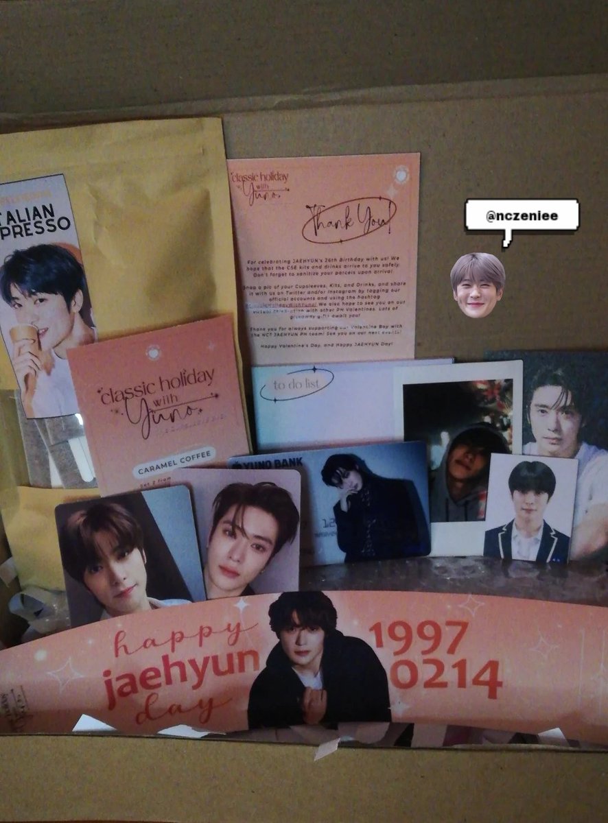 czenniekart's tweet photo. my CSE kit is here ready to spend the 14th w/my co-valentines and the valentine boy. super love the inclusions, the coffee smells so good 'so exited to try the coffee. thank u so much, @NCTJAEHYUNPH for this.

#ClassicHolidayWithYuno
#ClassicHoliday_CSE
#HappyJaehyunDay https://t.co/xrwCDrUlfc