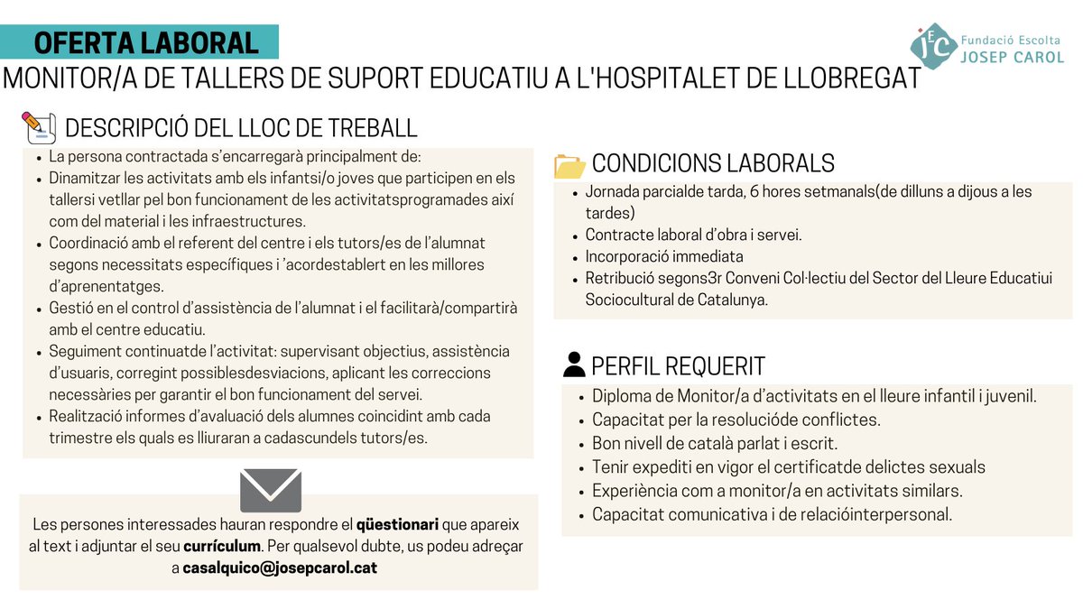 #OfertadeFeina | 📢 Monitor/a de Tallers de Suport Educatiu a l’Hospitalet de Llobregat
👉Les persones interessades podeu respondre aquest formulari n9.cl/ar4wy