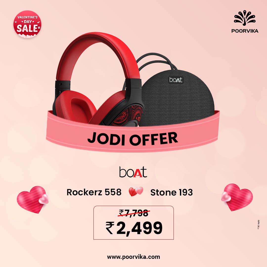 poorvika_india's tweet photo. Boost your love for music this Valentine's Day with our boAt Jodi Offer. Get a pair of boAt Gadgets for just βΉ2,499* at your nearest Poorvika Store till 15th Feb*.
https://t.co/hFPIQekojQ
#boat #boatrockerz558 #rockerz558 #airdopes408 #boataudio #headphones https://t.co/GOpWLLGqYB