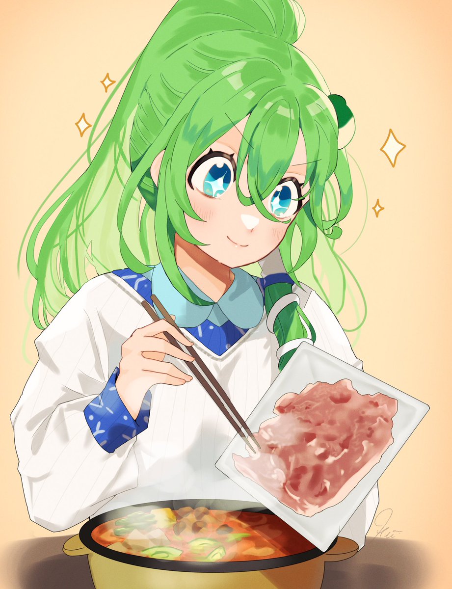 kochiya sanae 1girl solo green hair frog hair ornament food ponytail chopsticks  illustration images