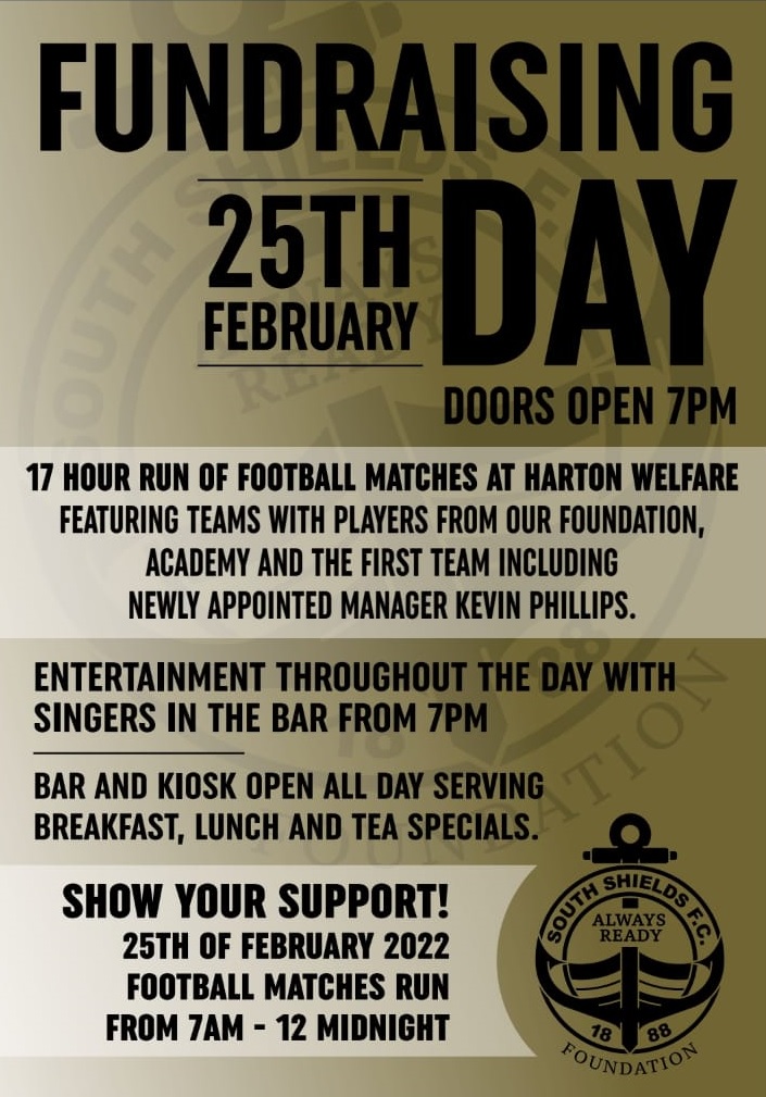 South Shields FC (@southshieldsfc) on Twitter photo There's just two weeks to go until the <a href="/SSFCfoundation/">SSFC Foundation</a> five-a-side-athon!
There'll be 17 hours of continuous football at Harton Welfare including Foundation and Academy players, as well as Kevin Phillips!
Details of how you can show your support will follow next week. There's just two weeks to go until the <a href="/SSFCfoundation/">SSFC Foundation</a> five-a-side-athon!
There'll be 17 hours of continuous football at Harton Welfare including Foundation and Academy players, as well as Kevin Phillips!
Details of how you can show your support will follow next week.