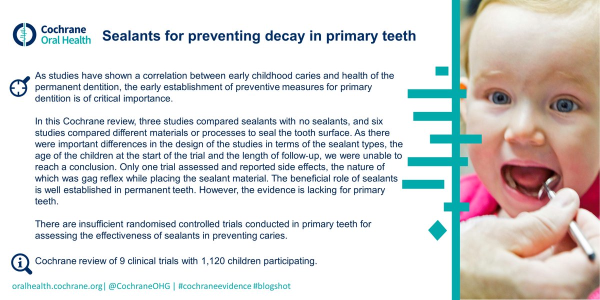 We explore whether sealants can prevent decay on baby teeth in this new review on <a href="/CochraneLibrary/">The Cochrane Library</a>. Read a summary:  cochraneohg.wordpress.com/2022/02/11/sea… or take a deep dive into the data and read the full review: cochranelibrary.com/cdsr/doi/10.10…