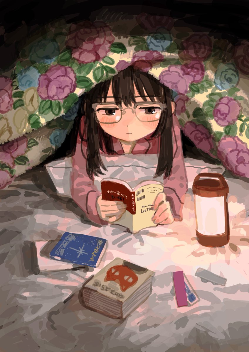 1girl solo book glasses pajamas under covers reading  illustration images