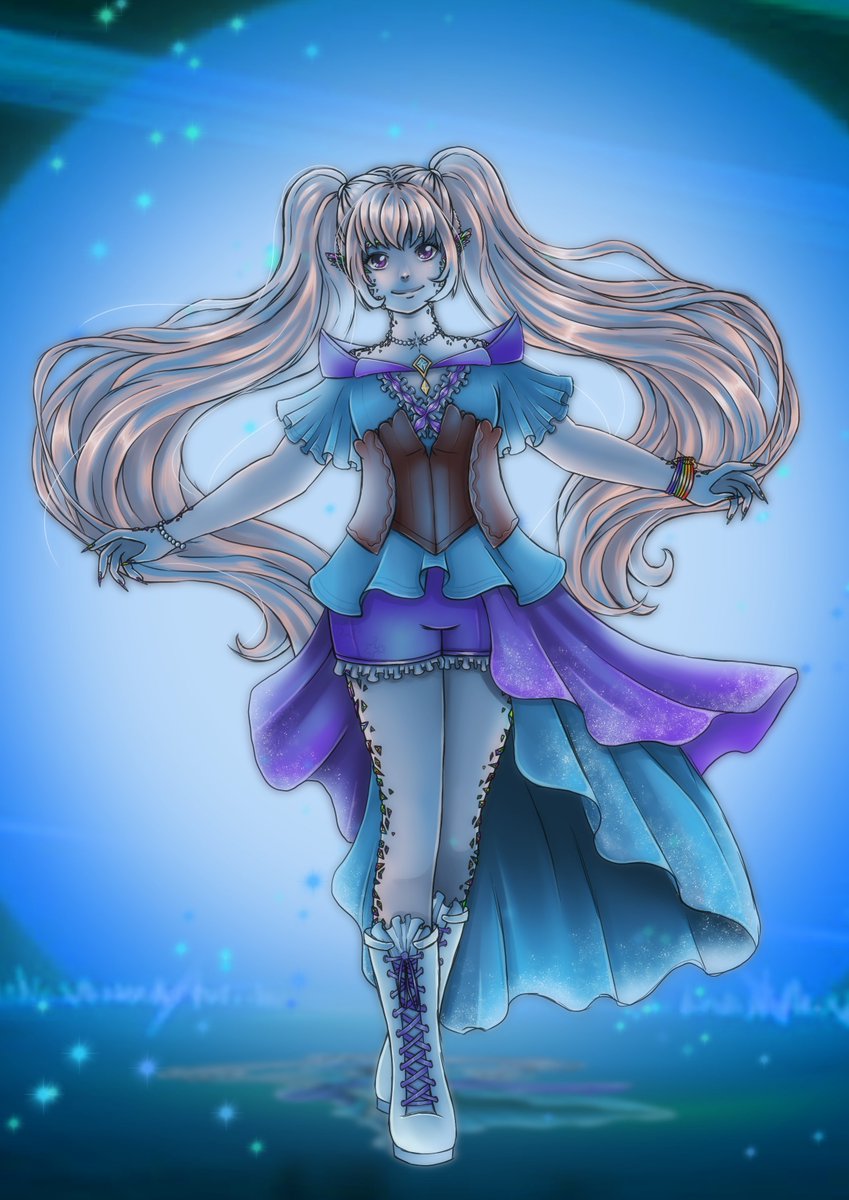 SinnyTheUnicorn's tweet photo. I want to show off this drawing! @synfonatica helped me with the lines and @Feline_Pure did all the shading!

It's my D&amp;D character Cala, a crystal genasi glamour bard.
She also likes to be called the brightest star of the cosmos or the queen of rainbows! She likes glitter. ♡ https://t.co/4VfM9cwO2I