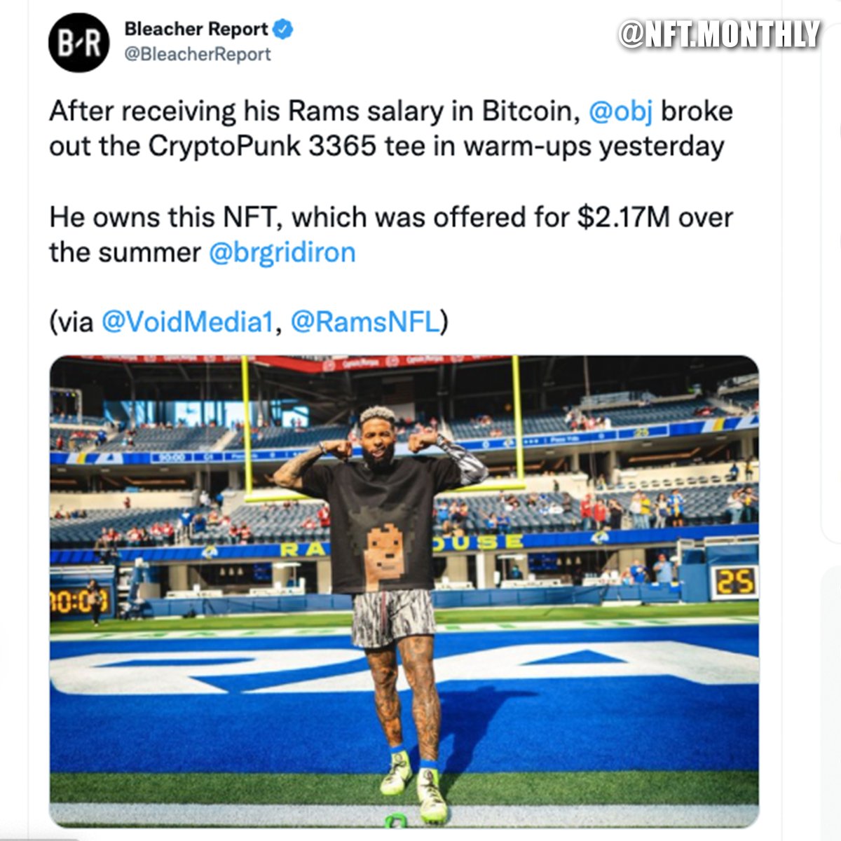 NFT_monthly's tweet photo. @obj is really into NFTs and wore a shirt with his $2.1 Million Dollar Cryptopunk on during practice!
#nft #nfts  #nftcollection #nftcollectibles #opensea  #nftart #nftartist #design #obj https://t.co/S4lwjnPbEt
