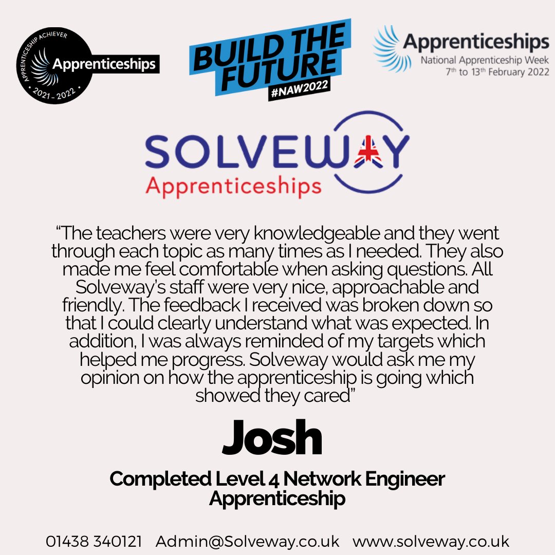 solveway's tweet photo. Josh completed a Network Engineer Apprenticeship with Solveway which put him in a good position for his future career. πΌ
To become an Apprentice like Josh click here β‘οΈ https://t.co/2EXAgdcRwl
Or π² call us on 01438 340121
#NAW2022 #Apprenticeship #AppsGrad #Growth #Success https://t.co/hdBNTaaHAd