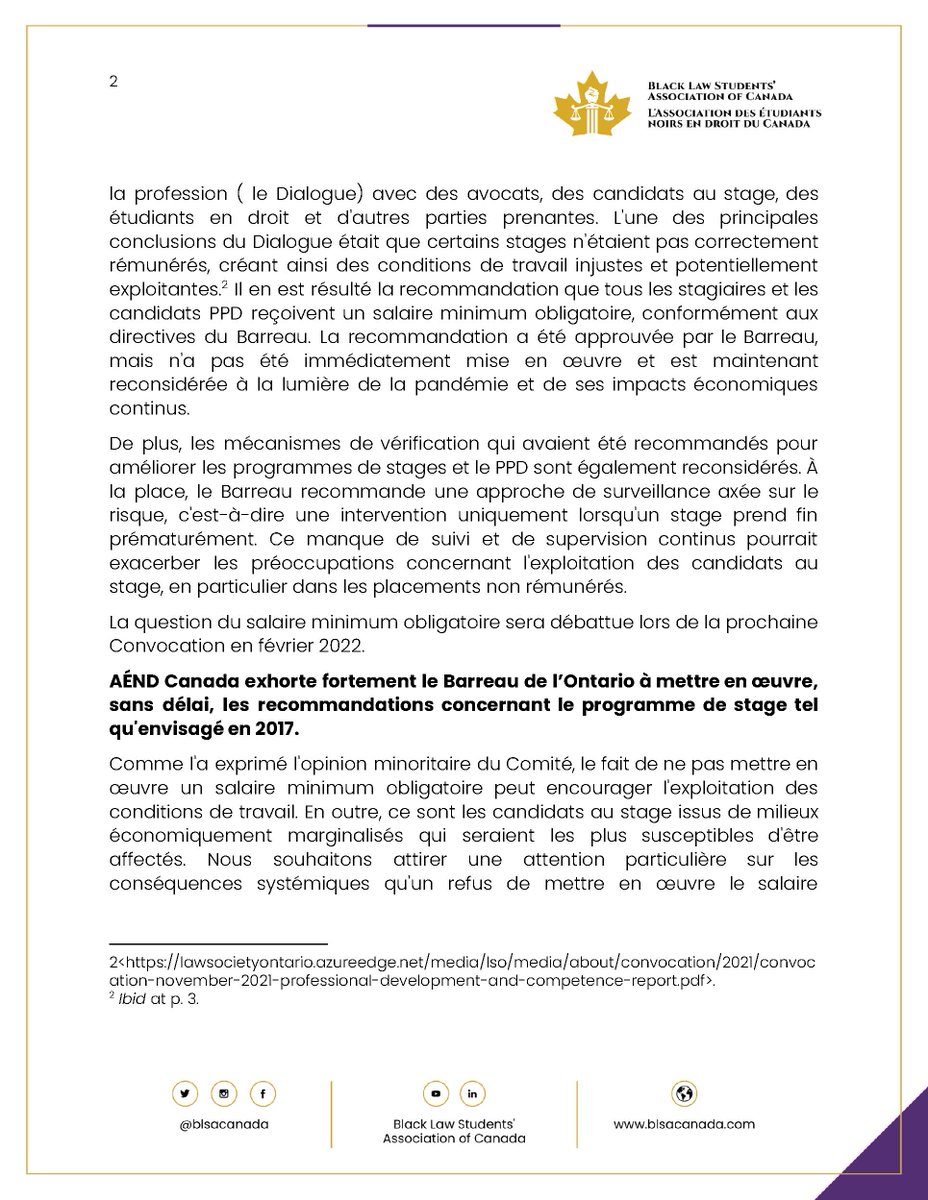 AÉND Canada exhorte <a href="/LawSocietyLSO/">Law Society of Ontario</a> à mettre en oeuvre la recommandation précédemment approuvée d'instaurer un salaire minimum obligatoire pour les candidats au stage visant à être admis au barreau en Ontario. Lire le communiqué au complet: …0-4553-ad44-719615f65fca.usrfiles.com/ugd/050b51_c77…