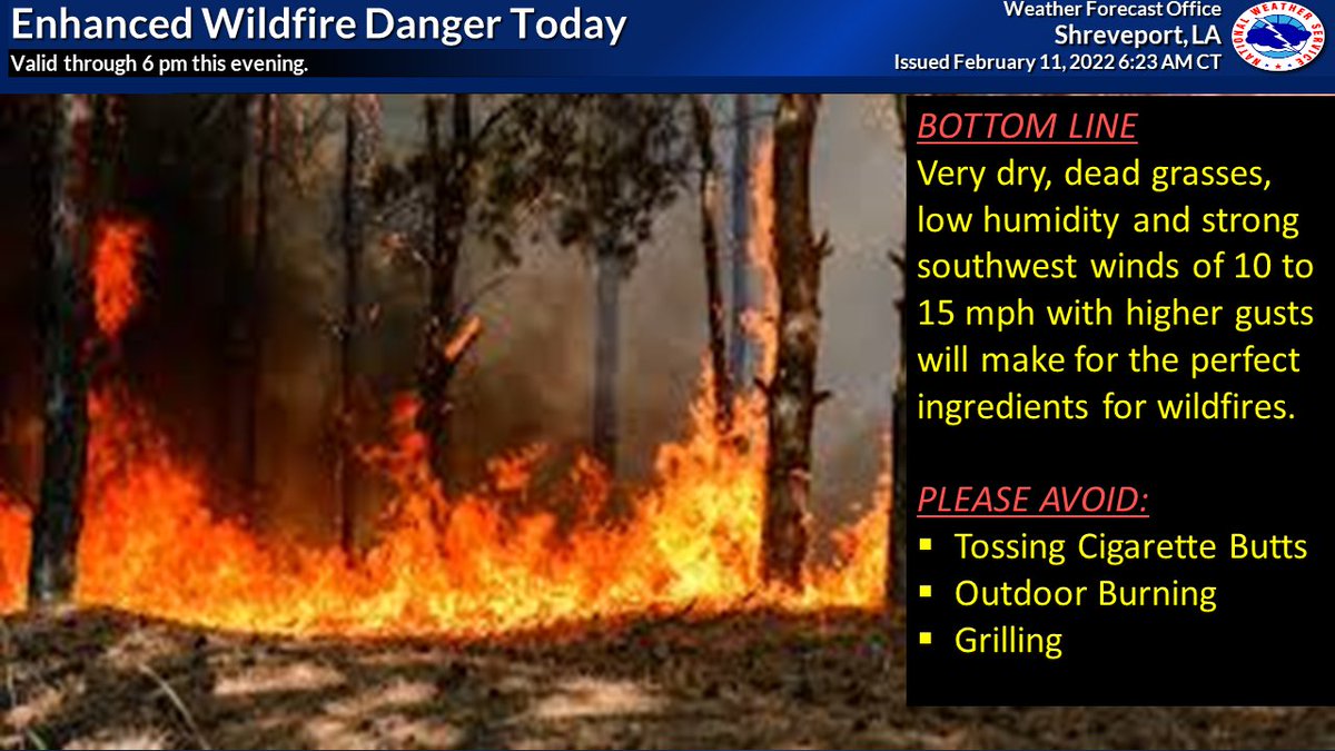 NWSShreveport's tweet photo. There will be an enhanced wildfire threat today across the Four State Region due to strong southwest winds, low daytime humidity and dry or dead grasses.   Avoid outdoor burning today.  #Okwx #Arwx #Lawx #Txwx #Wildfire https://t.co/Fxt87A66KW