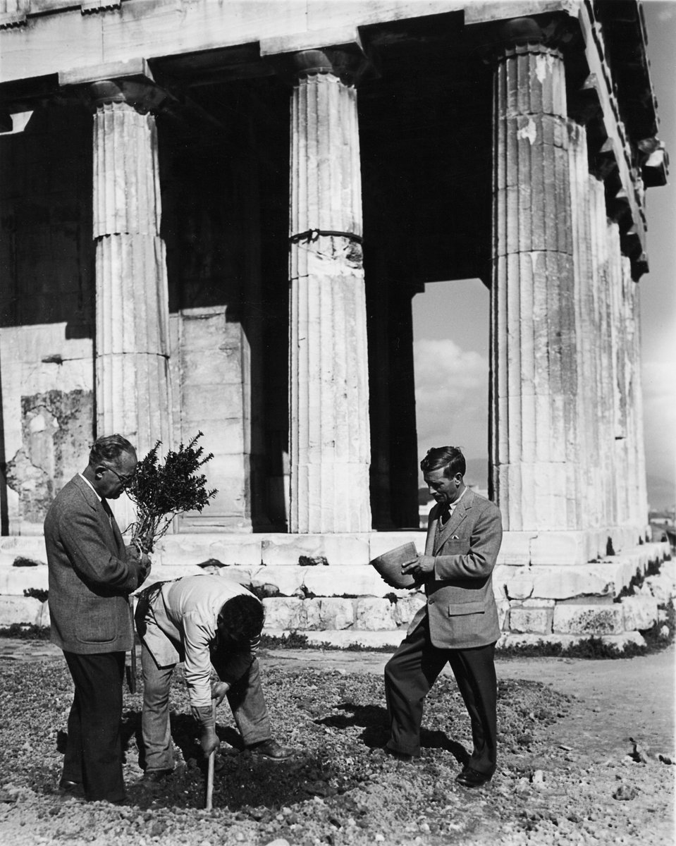 ASCSAthens's tweet photo. 🪴#FBF to this photo taken 67 years ago today! Homer A. Thompson holds a flowerpot used in antiquity and Ralph E. Griswold holds a balled myrtle bush near the Hephaisteion in the Athenian Agora. #ASCSA140 https://t.co/B4qpaVxvsc