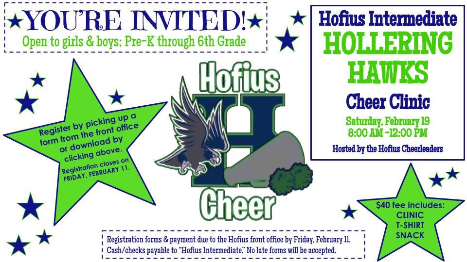 HofiusCheer's tweet photo. Today is the last day to register for the Hollering Hawks Cheer Clinic hosted by @HofiusCheer! Don’t miss out!! 💚💙
@HofiusKISD https://t.co/TJqoUpjo6Q