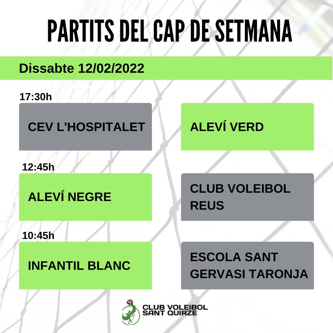 VoleiSQV's tweet photo. ⚫🟢 Ja estan disponibles els horaris dels partits d'aquest cap de setmana.
#gentactiva #JoActuo #esportcat #retrobada #aprenentsempre #somosvoleibol #voleicat @cv_sant_quirze @fcvoleibol @ajsantquirze https://t.co/87zHFZf92j