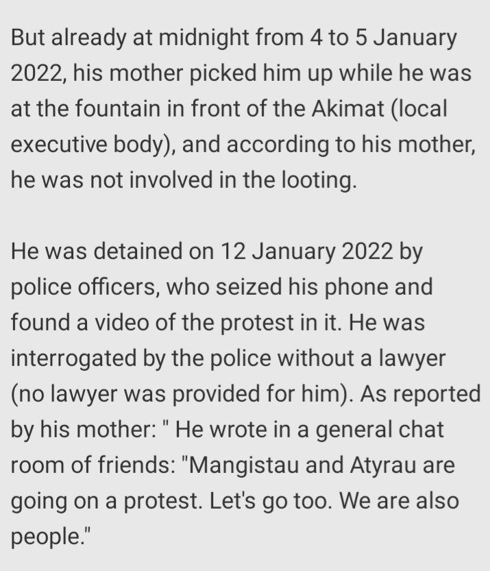 Gauhar_Boranova's tweet photo. 2/6
1) A 19-year-old student Saulet #MAYESH - on 15 January 2022 he was arrested for 2 months for the duration of investigation of a criminal case for his participation in a peaceful protest in the city of Shymkent in the evening of 4 January 2022. https://t.co/gtrgujKPu8