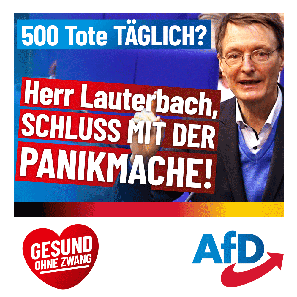 AfD's tweet photo. 500 #Corona-Tote täglich? #Lauterbach schürt #Panik mit Phantasie-Zahlen!

Sogar #GEZ-Sender wie das #ZDF rügen Lauterbach für diese #Panikmache: 

https://t.co/G40etrume6 #afd https://t.co/SKuWRxyBjN