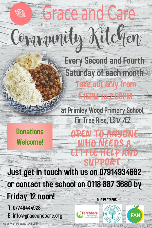 We are excited to share our #GraceAndCare   #CommunityKitchen flyer. Feel free to share with anyone who may need a little help and support 🙏
@foodaidnetwork @NW_leedsfood @lingfieldlocal @OlderPeopleLS17 @LingfieldCentre @debbanig @CharanjitKOsahn @SunnyOsahn